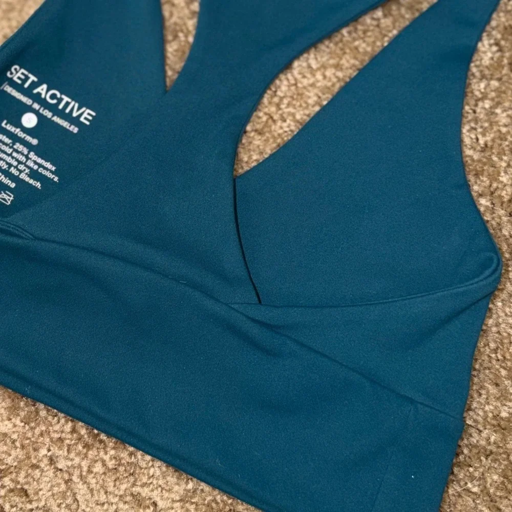 SET Active Luxform V-Neck Sports Bra Teal Green Racerback Yoga Gym Top Small